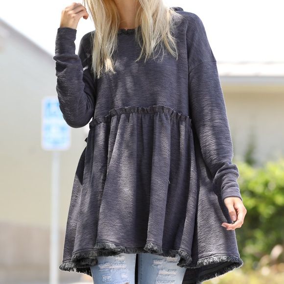 Women Navy Babydoll Hoody Tunic with Fringed ends - Picture 2 of 7